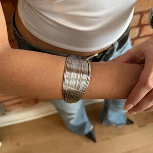 Silver Wire Cuff Bangle Bracelet Open Circle Adjustable Minimalist Boho